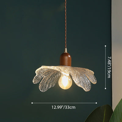 Contemporary Retro Walnut Wood Brass Glass Flower 1-Light Pendant Light For Dining Room