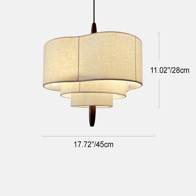 Traditional French Multi-Layer Drum Shape Fabric Wood 3-Light Pendant Light For Bedroom