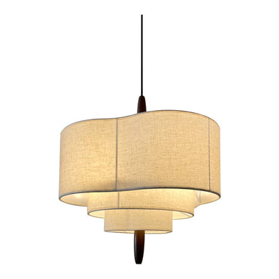 Traditional French Multi-Layer Drum Shape Fabric Wood 3-Light Pendant Light For Bedroom