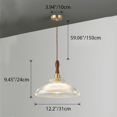 Traditional Japanese Semicircular Loudspeaker Ripple Glass Brass Wood 1-Light Pendant Light For Living Room