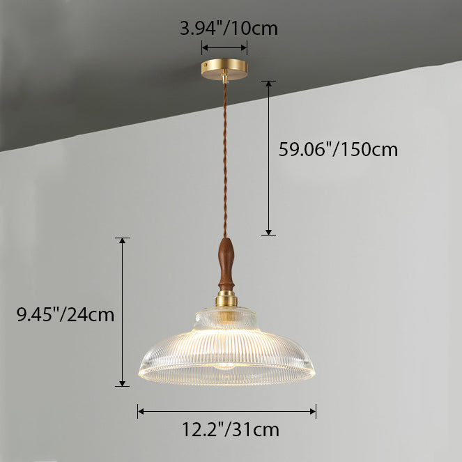 Traditional Japanese Semicircular Loudspeaker Ripple Glass Brass Wood 1-Light Pendant Light For Living Room