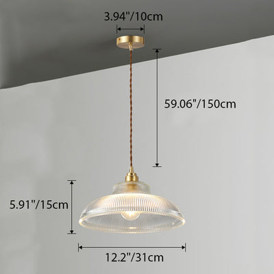 Traditional Japanese Semicircular Loudspeaker Ripple Glass Brass Wood 1-Light Pendant Light For Living Room