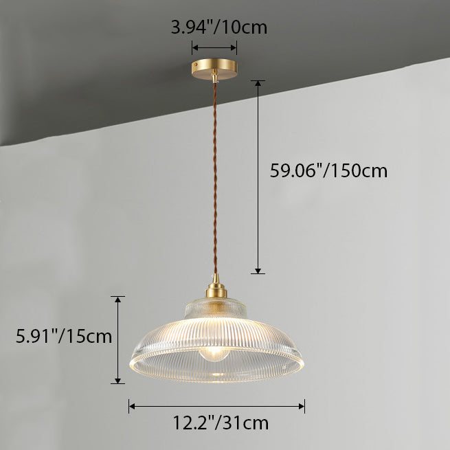 Traditional Japanese Semicircular Loudspeaker Ripple Glass Brass Wood 1-Light Pendant Light For Living Room