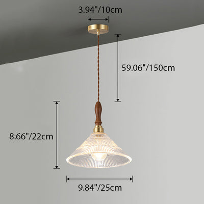 Traditional Japanese Semicircular Loudspeaker Ripple Glass Brass Wood 1-Light Pendant Light For Living Room