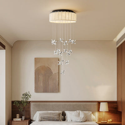 Traditional French Floating Crystal Flower Fabric LED Chandelier For Living Room