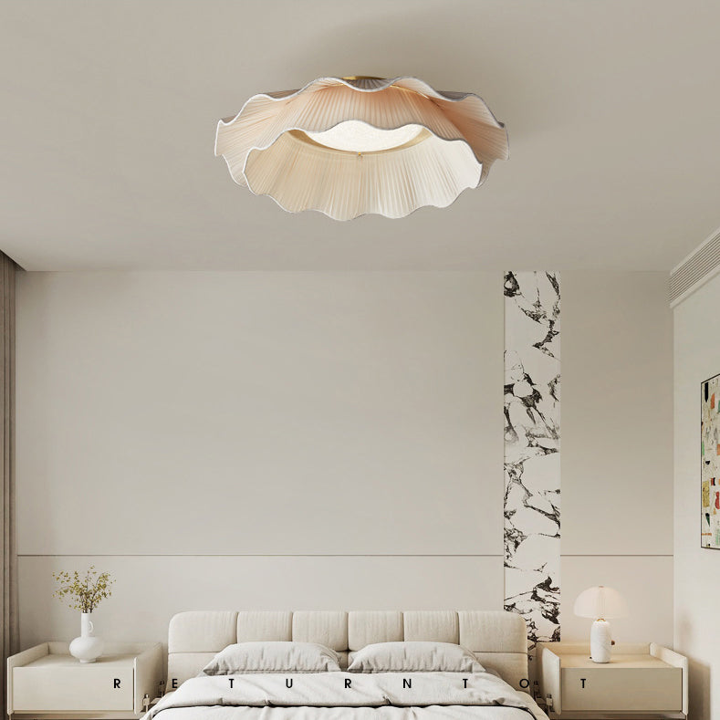 Traditional French Double Layers Fabric Brass LED Flush Mount Ceiling Light For Bedroom