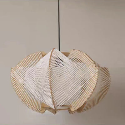 Zeitgenössische Boho Hardware Holz Hanf Seil Rattan Weben Hohl Kuppel 1-Licht Pendelleuchte Für Wohnzimmer 