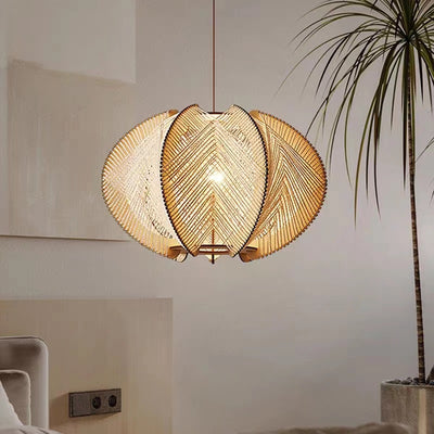 Zeitgenössische Boho Hardware Holz Hanf Seil Rattan Weben Hohl Kuppel 1-Licht Pendelleuchte Für Wohnzimmer 