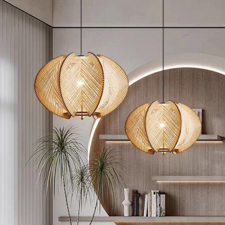 Zeitgenössische Boho Hardware Holz Hanf Seil Rattan Weben Hohl Kuppel 1-Licht Pendelleuchte Für Wohnzimmer 