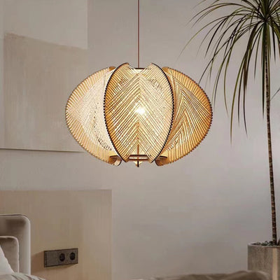 Zeitgenössische Boho Hardware Holz Hanf Seil Rattan Weben Hohl Kuppel 1-Licht Pendelleuchte Für Wohnzimmer 