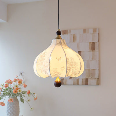 Traditional French Round Trapezoidal Flower Patterned Wood Fabric 1/3/5 - Light Pendant Light For Living Room