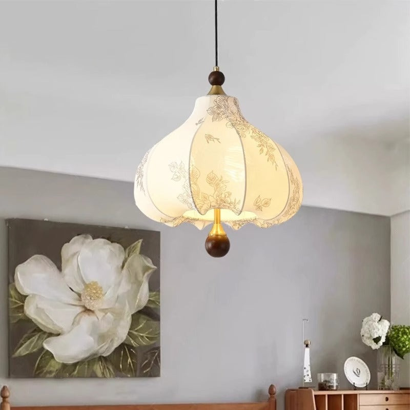 Traditional French Round Trapezoidal Flower Patterned Wood Fabric 1/3/5 - Light Pendant Light For Living Room