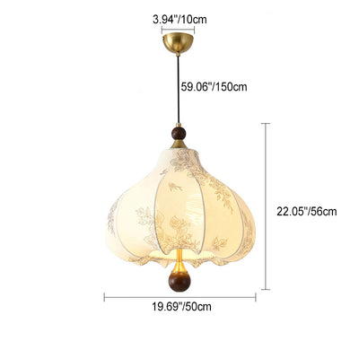 Traditional French Round Trapezoidal Flower Patterned Wood Fabric 1/3/5 - Light Pendant Light For Living Room