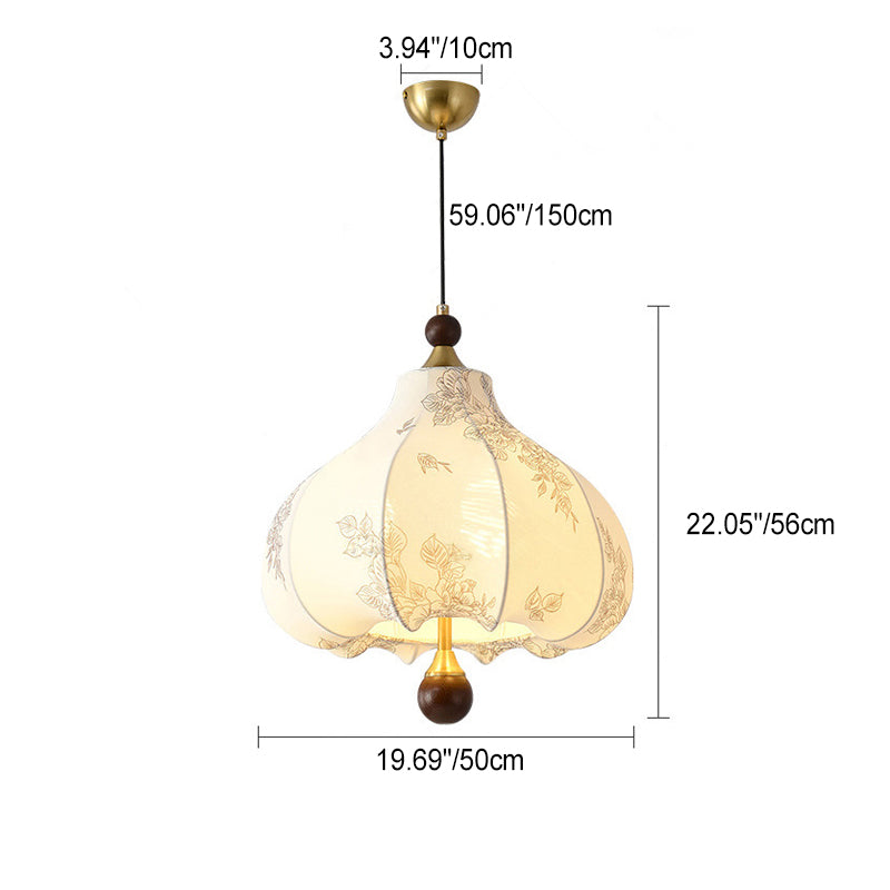 Traditional French Round Trapezoidal Flower Patterned Wood Fabric 1/3/5 - Light Pendant Light For Living Room