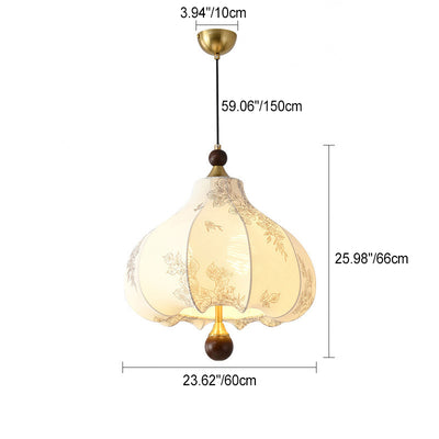 Traditional French Round Trapezoidal Flower Patterned Wood Fabric 1/3/5 - Light Pendant Light For Living Room