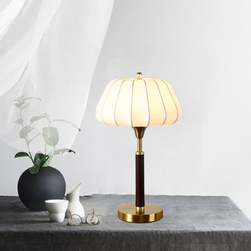 Contemporary Retro Wood Brass Silk Drum Shape 1-Light Table Lamp For Bedroom