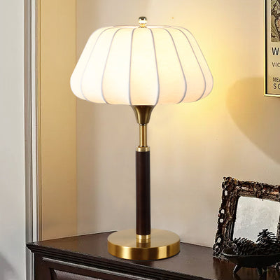 Contemporary Retro Wood Brass Silk Drum Shape 1-Light Table Lamp For Bedroom