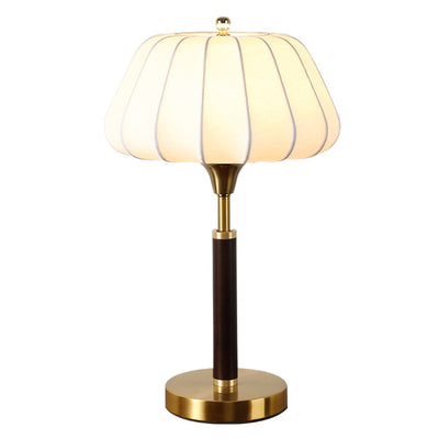 Contemporary Retro Wood Brass Silk Drum Shape 1-Light Table Lamp For Bedroom