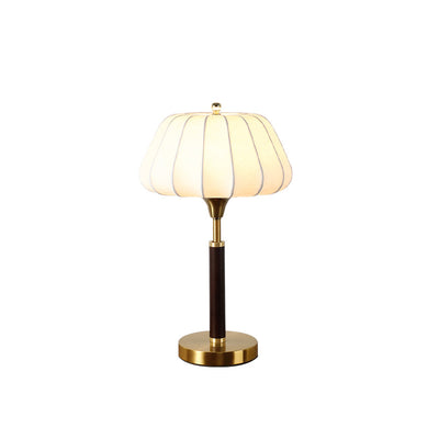 Contemporary Retro Wood Brass Silk Drum Shape 1-Light Table Lamp For Bedroom