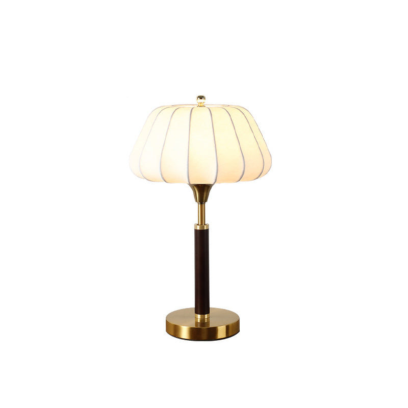 Contemporary Retro Wood Brass Silk Drum Shape 1-Light Table Lamp For Bedroom