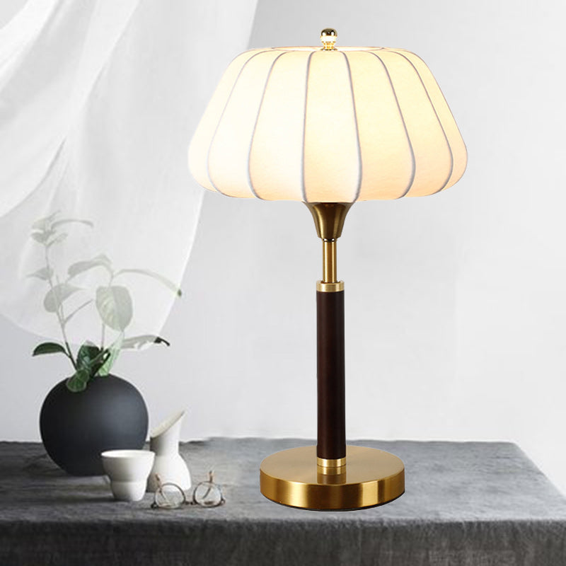 Contemporary Retro Wood Brass Silk Drum Shape 1-Light Table Lamp For Bedroom