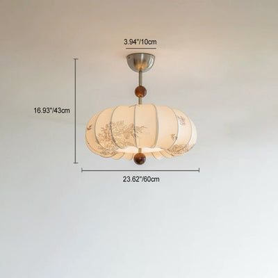 Traditional French Pumpkin Shape Flower Pattern Fabric Solid Wood 3/5-Light Chandeliers For Living Room