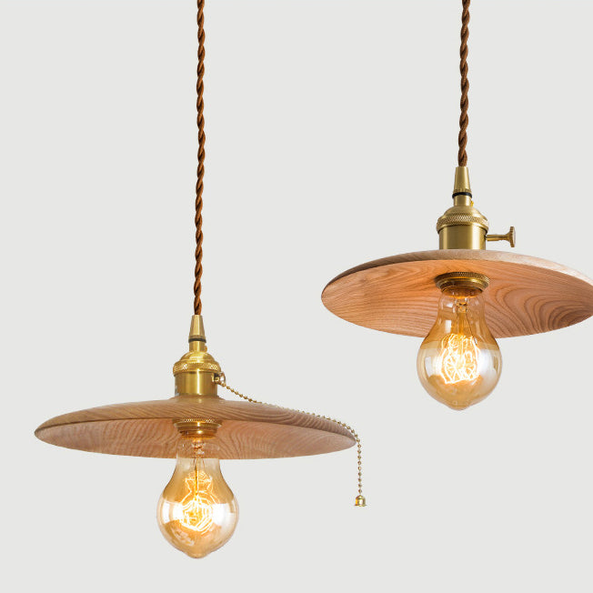 Contemporary Retro Pull Chain Wooden Handle Flying Saucer Brass Wood 1-Light Pendant Light For Dining Room