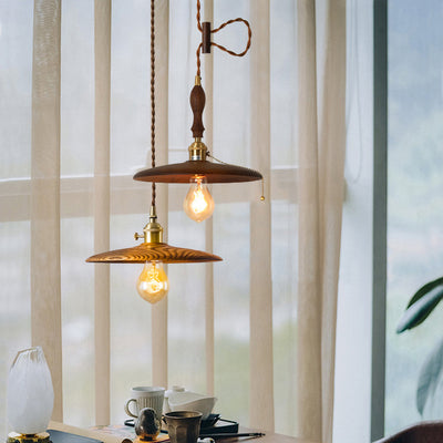 Contemporary Retro Pull Chain Wooden Handle Flying Saucer Brass Wood 1-Light Pendant Light For Dining Room