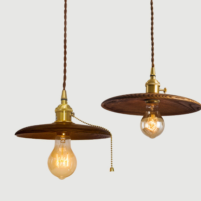 Contemporary Retro Pull Chain Wooden Handle Flying Saucer Brass Wood 1-Light Pendant Light For Dining Room