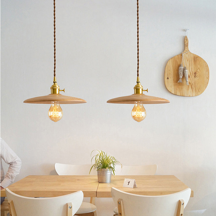 Contemporary Retro Pull Chain Wooden Handle Flying Saucer Brass Wood 1-Light Pendant Light For Dining Room