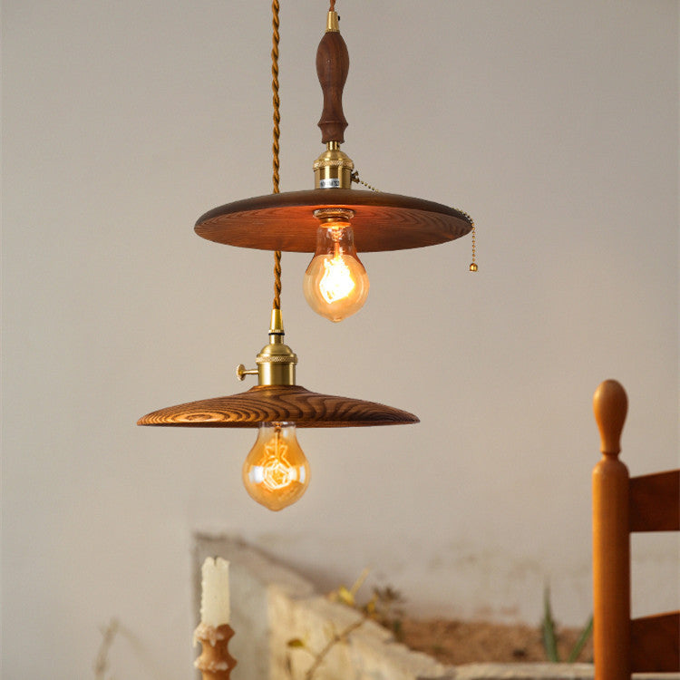 Contemporary Retro Pull Chain Wooden Handle Flying Saucer Brass Wood 1-Light Pendant Light For Dining Room