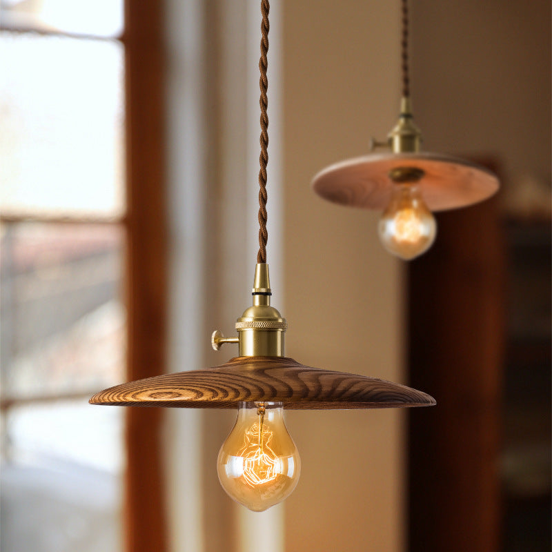 Contemporary Retro Pull Chain Wooden Handle Flying Saucer Brass Wood 1-Light Pendant Light For Dining Room