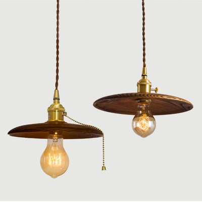 Contemporary Retro Pull Chain Wooden Handle Flying Saucer Brass Wood 1-Light Pendant Light For Dining Room