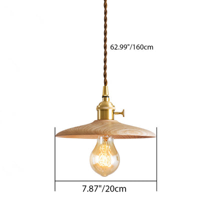 Contemporary Retro Pull Chain Wooden Handle Flying Saucer Brass Wood 1-Light Pendant Light For Dining Room