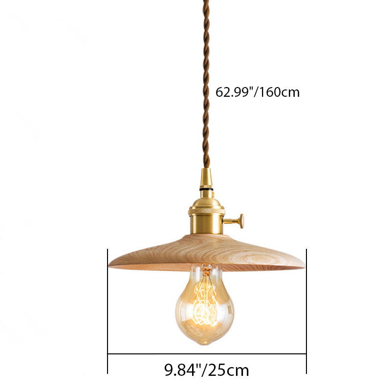 Contemporary Retro Pull Chain Wooden Handle Flying Saucer Brass Wood 1-Light Pendant Light For Dining Room