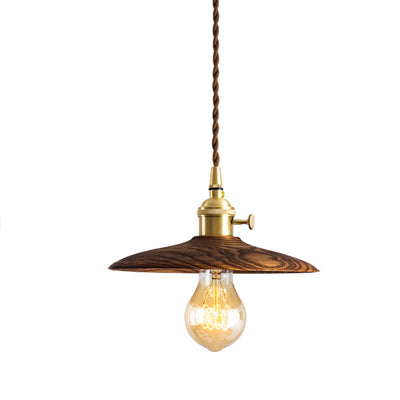 Contemporary Retro Pull Chain Wooden Handle Flying Saucer Brass Wood 1-Light Pendant Light For Dining Room