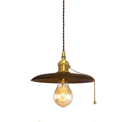 Contemporary Retro Pull Chain Wooden Handle Flying Saucer Brass Wood 1-Light Pendant Light For Dining Room