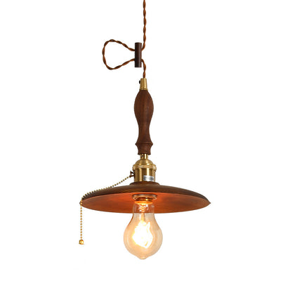 Contemporary Retro Pull Chain Wooden Handle Flying Saucer Brass Wood 1-Light Pendant Light For Dining Room