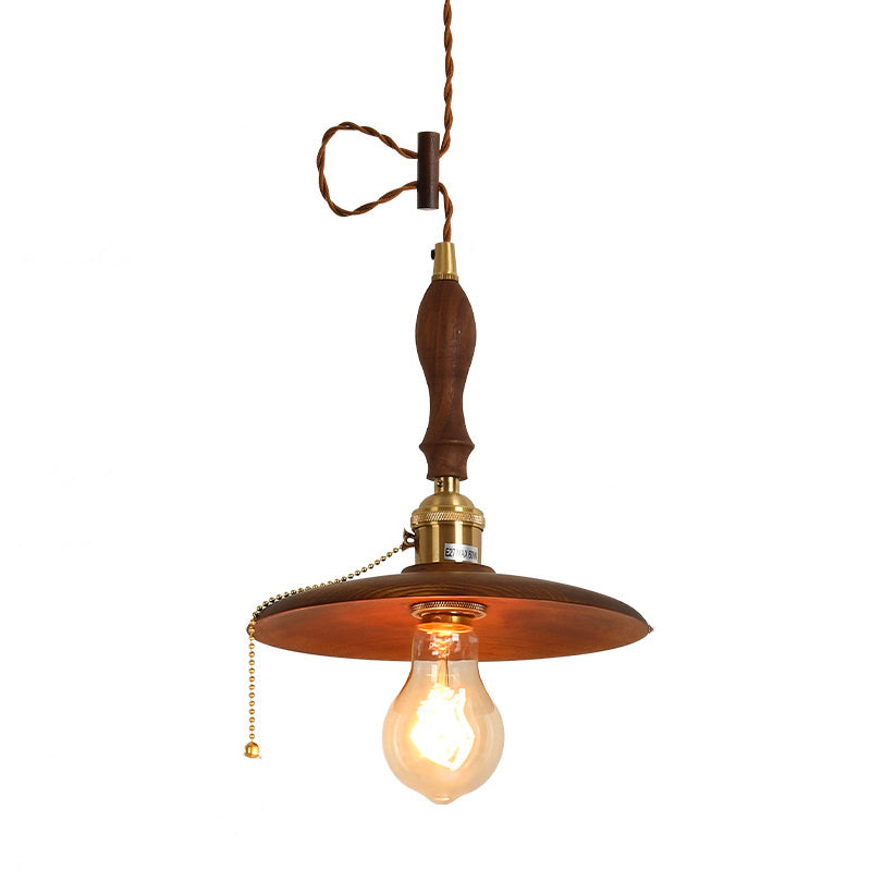 Contemporary Retro Pull Chain Wooden Handle Flying Saucer Brass Wood 1-Light Pendant Light For Dining Room