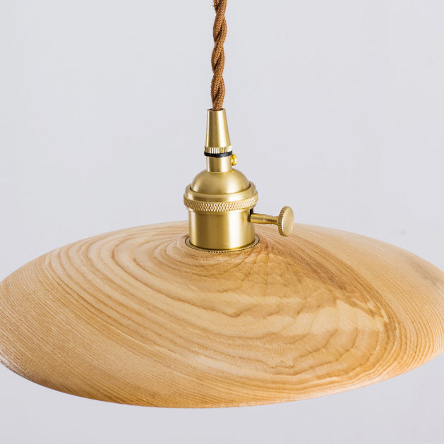 Contemporary Retro Pull Chain Wooden Handle Flying Saucer Brass Wood 1-Light Pendant Light For Dining Room