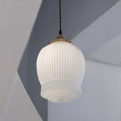 Traditional Japanese Fluted Frosted Ribbed Glass Brass 1-Light Pendant Light For Bedroom