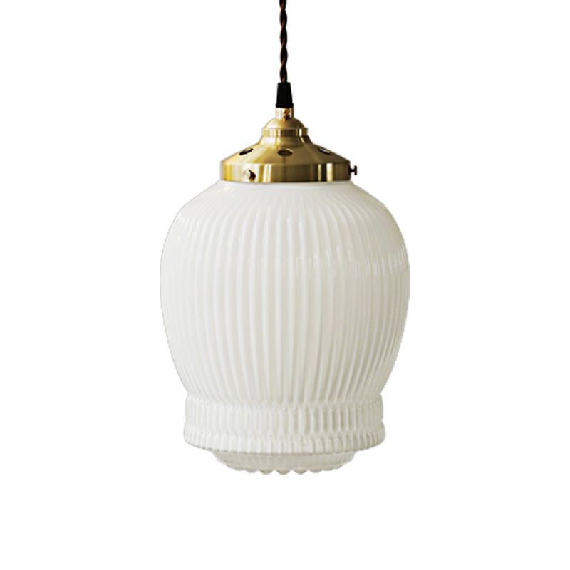 Traditional Japanese Fluted Frosted Ribbed Glass Brass 1-Light Pendant Light For Bedroom