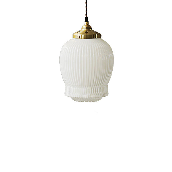 Traditional Japanese Fluted Frosted Ribbed Glass Brass 1-Light Pendant Light For Bedroom