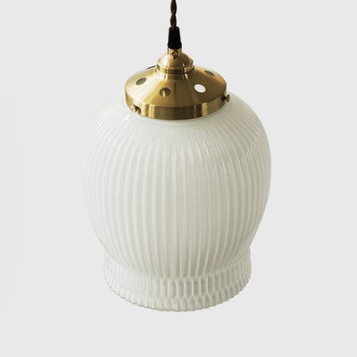 Traditional Japanese Fluted Frosted Ribbed Glass Brass 1-Light Pendant Light For Bedroom