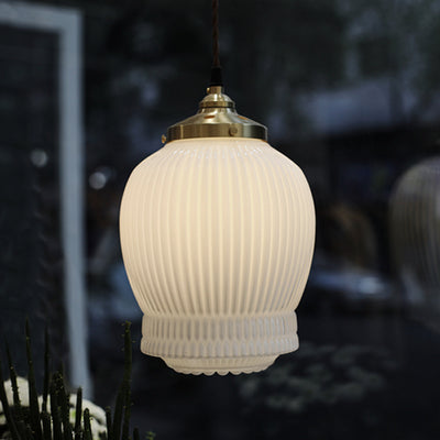 Traditional Japanese Fluted Frosted Ribbed Glass Brass 1-Light Pendant Light For Bedroom