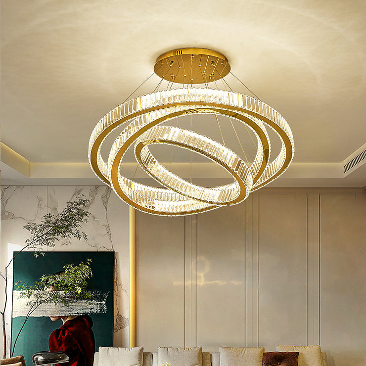 Modern Luxury Stainless Steel Crystal Rings LED Chandelier For Living Room