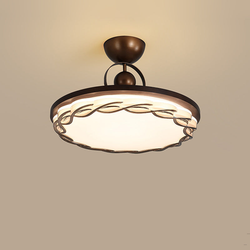 Traditional Chinese Round Drum Shape Acrylic Iron LED Semi-Flush Mount Ceiling Light For Bedroom