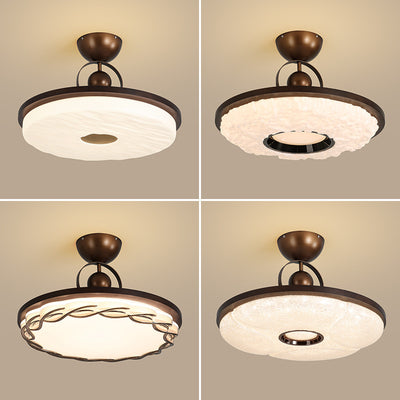 Traditional Chinese Round Drum Shape Acrylic Iron LED Semi-Flush Mount Ceiling Light For Bedroom