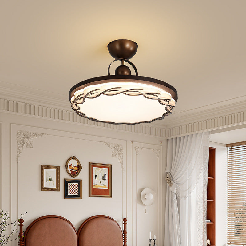 Traditional Chinese Round Drum Shape Acrylic Iron LED Semi-Flush Mount Ceiling Light For Bedroom