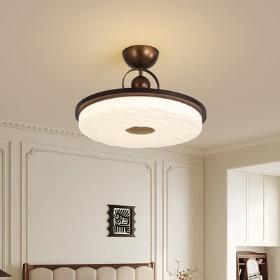 Traditional Chinese Round Drum Shape Acrylic Iron LED Semi-Flush Mount Ceiling Light For Bedroom